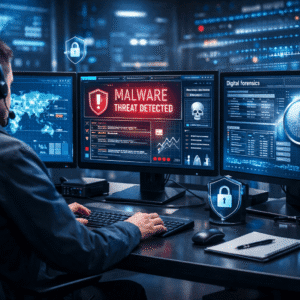 IT security training showing a cybersecurity professional protecting computer systems and networks from cyber threats