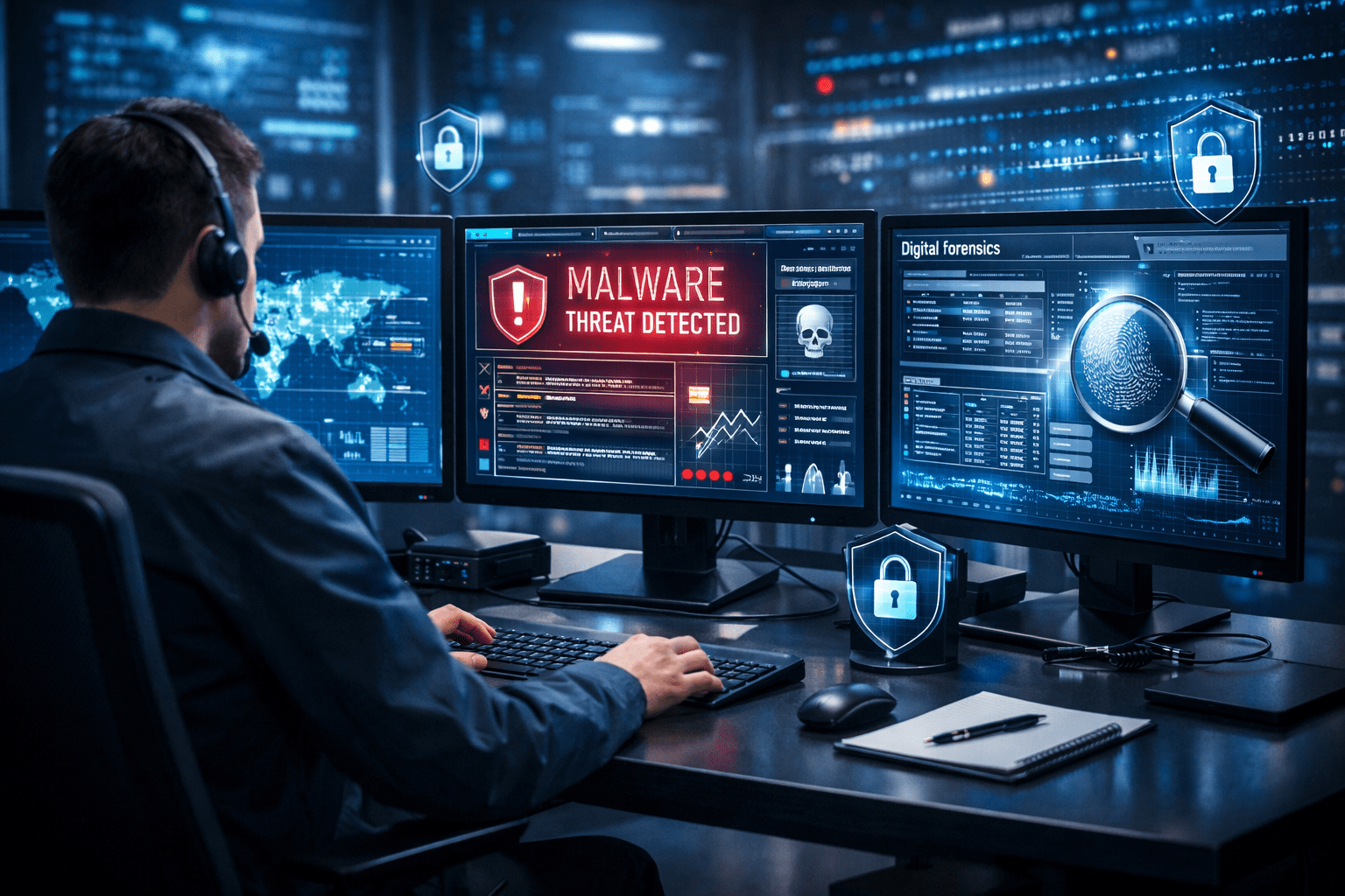 IT security training showing a cybersecurity professional protecting computer systems and networks from cyber threats