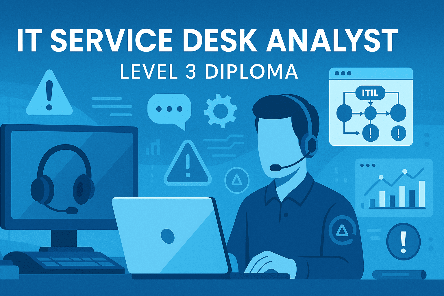 IT service desk analyst banner showing computers, headsets, troubleshooting icons, ITIL visuals and service management tools.