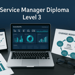 IT manager workspace with dashboards, ITSM tools, service reports, and digital diagrams for the IT Service Manager Diploma Level 3.