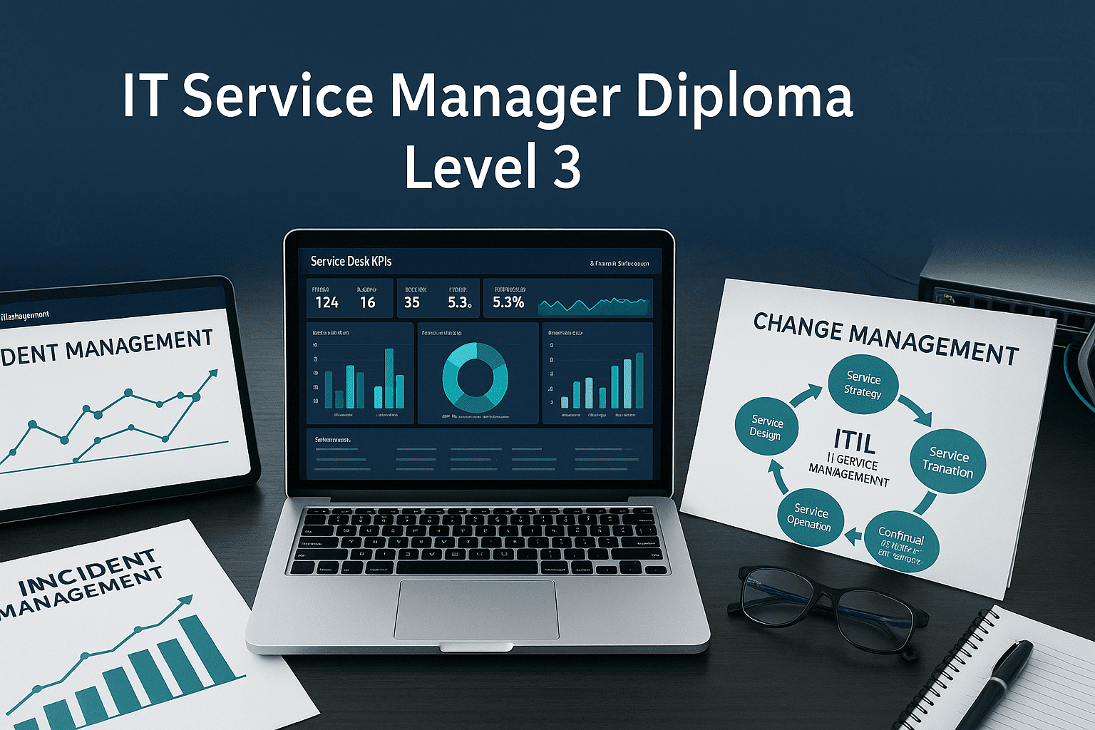 IT manager workspace with dashboards, ITSM tools, service reports, and digital diagrams for the IT Service Manager Diploma Level 3.