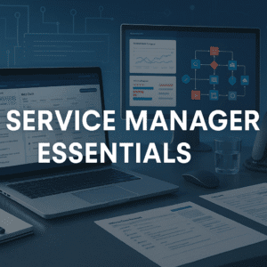 IT Service Manager Essentials course banner with ITSM dashboards, service desk tools, and digital workflow graphics.
