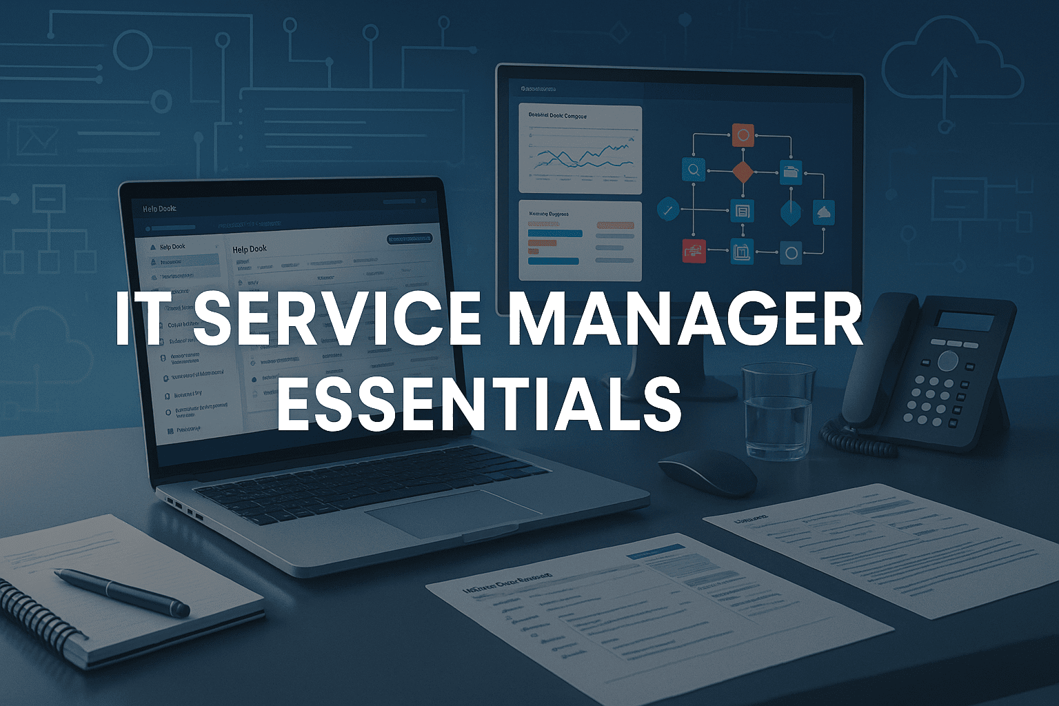IT Service Manager Essentials course banner with ITSM dashboards, service desk tools, and digital workflow graphics.