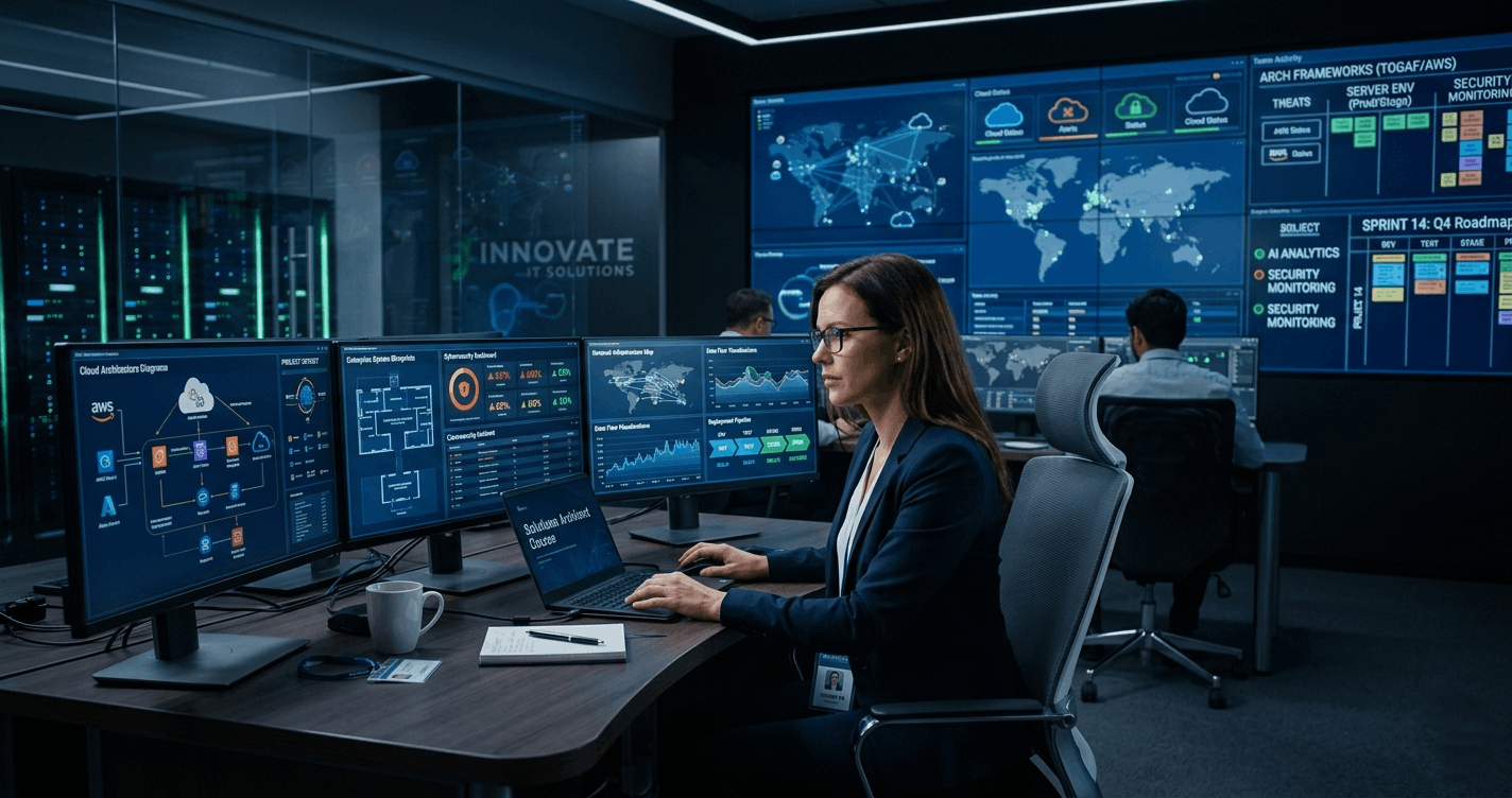 IT professional designing enterprise systems and cloud infrastructure in an IT Solutions Architect environment