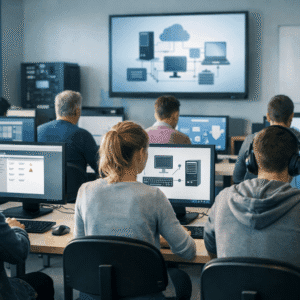 IT Training Level 1 course showing beginner learners using computers in a modern classroom environment