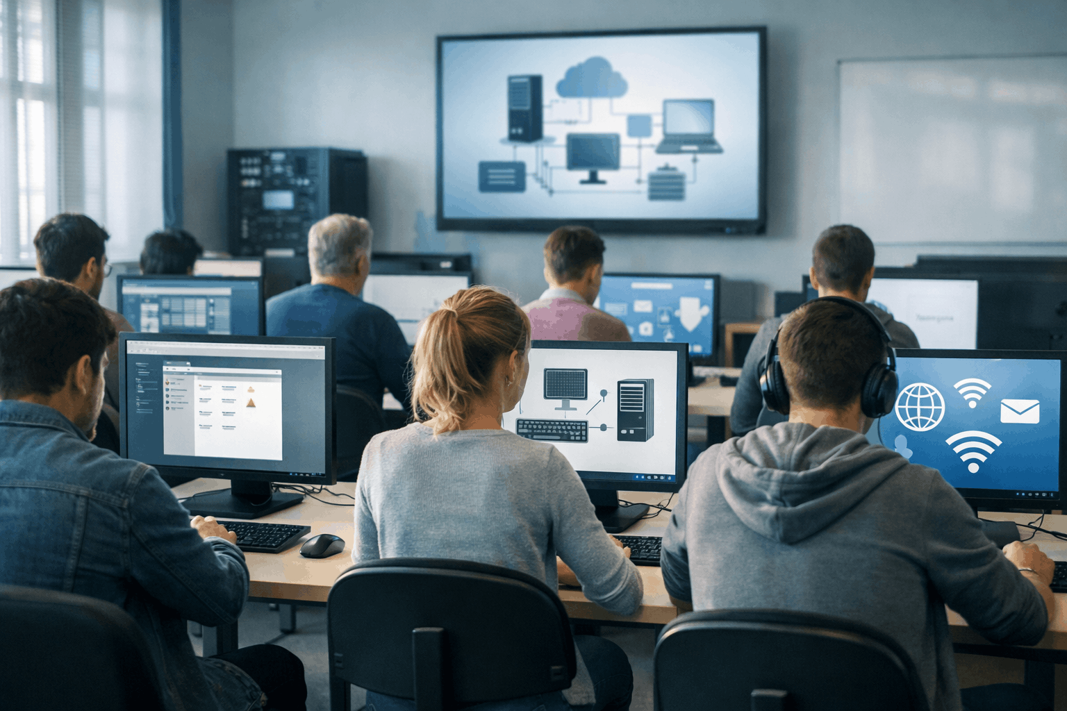 IT Training Level 1 course showing beginner learners using computers in a modern classroom environment