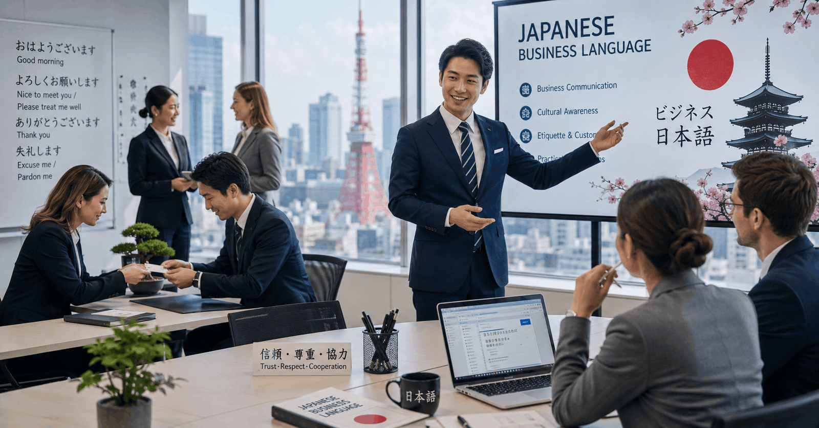 Business professionals learning Japanese Business Language in a modern corporate training environment