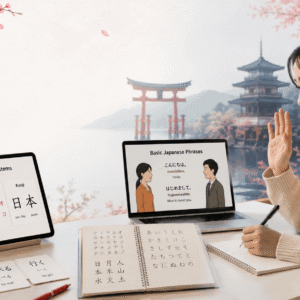 Student learning Japanese writing and conversation in a Japanese Language Course for beginners