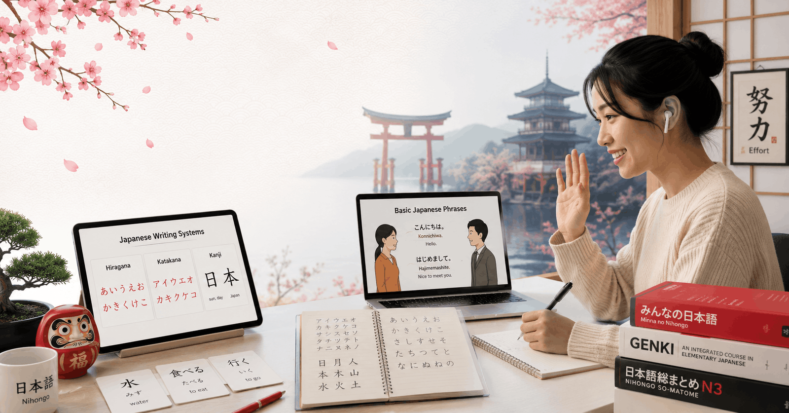 Student learning Japanese writing and conversation in a Japanese Language Course for beginners