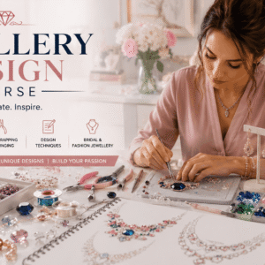 Jewellery Design Course student creating handmade jewellery with beads, gemstones, pearls and design tools