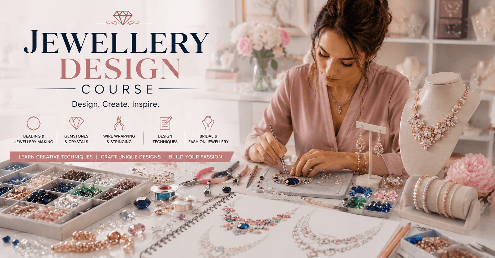 Jewellery Design Course student creating handmade jewellery with beads, gemstones, pearls and design tools