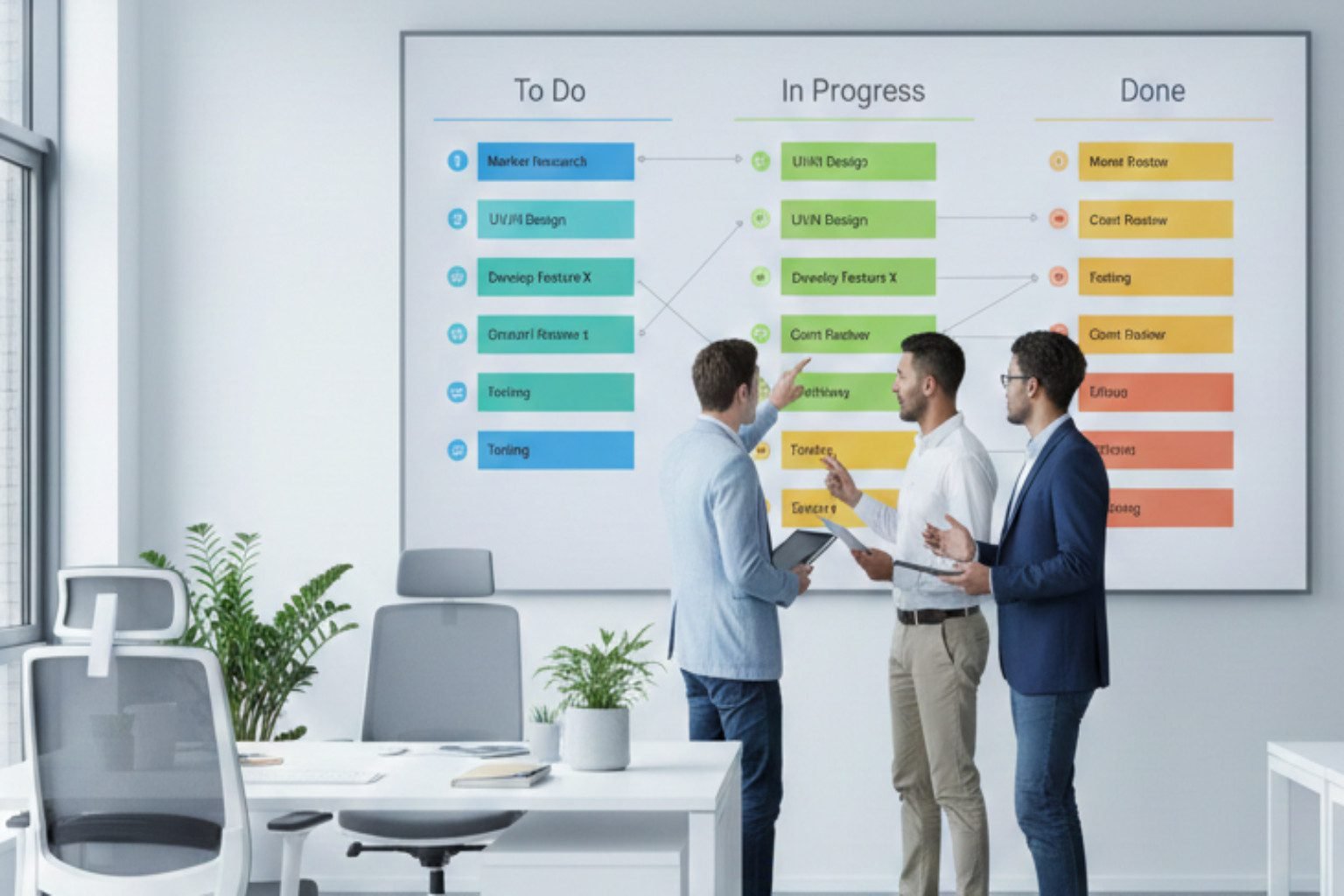 Kanban project management board showing task cards, workflow columns and agile team planning session