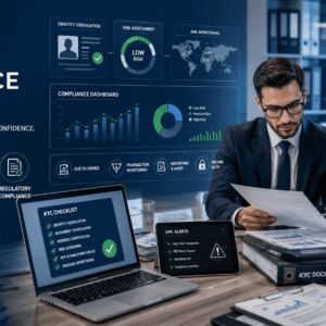 KYC Compliance Training showing customer verification, AML monitoring, and regulatory compliance processes