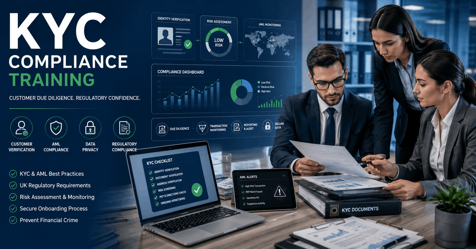 KYC Compliance Training showing customer verification, AML monitoring, and regulatory compliance processes