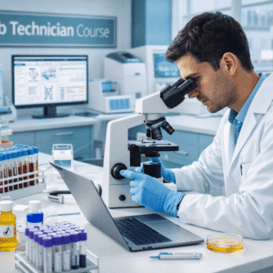 Medical lab technician using microscope and test samples in a Lab Technician Course training lab