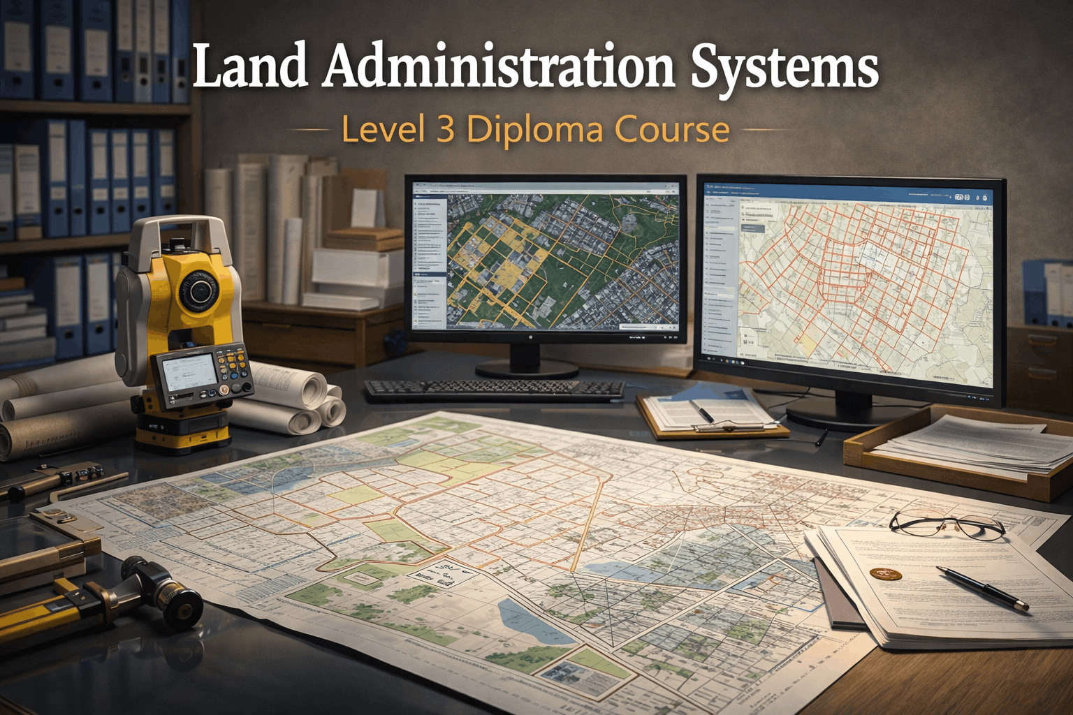 Land administration systems showing cadastral maps, land surveys, GIS data, and property boundaries