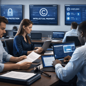 Law for IT course showing IT professionals learning data protection, intellectual property, and legal compliance in a UK tech setting