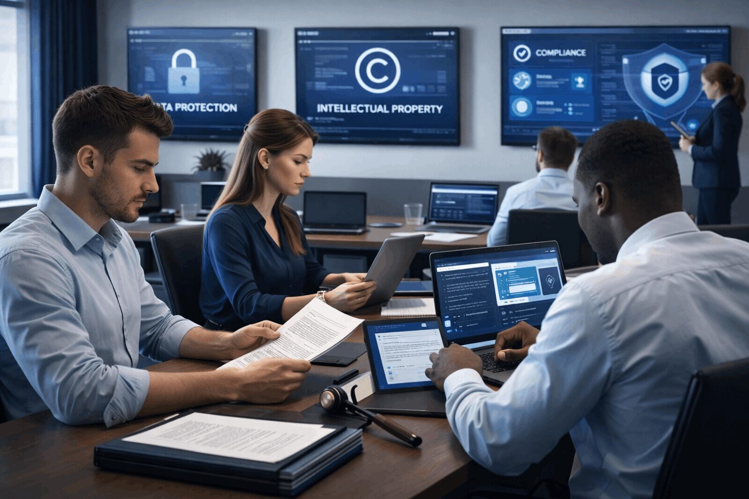 Law for IT course showing IT professionals learning data protection, intellectual property, and legal compliance in a UK tech setting
