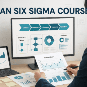 Lean six sigma course banner showing process charts, analytics tools, workflow visuals and project management elements in a clean corporate workspace.