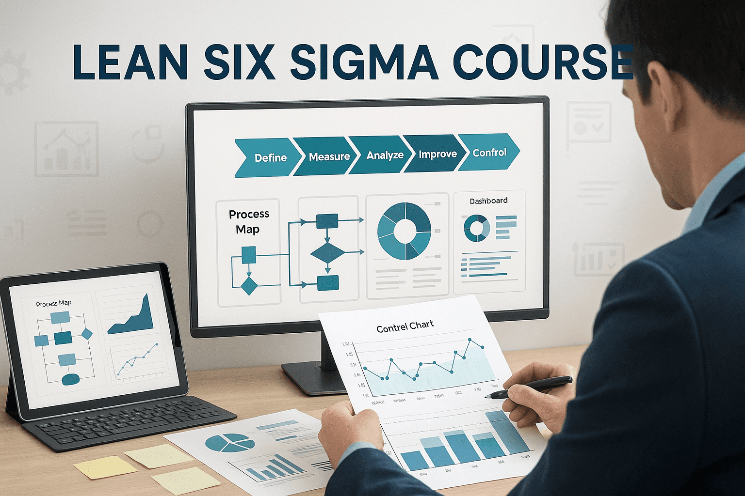 Lean six sigma course banner showing process charts, analytics tools, workflow visuals and project management elements in a clean corporate workspace.