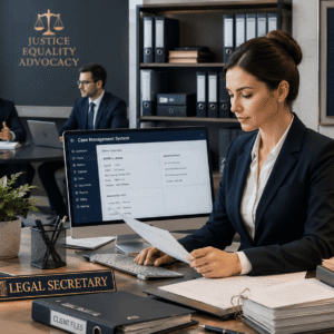 Professional legal secretary managing legal documents during a Legal Secretary Course in a modern law office
