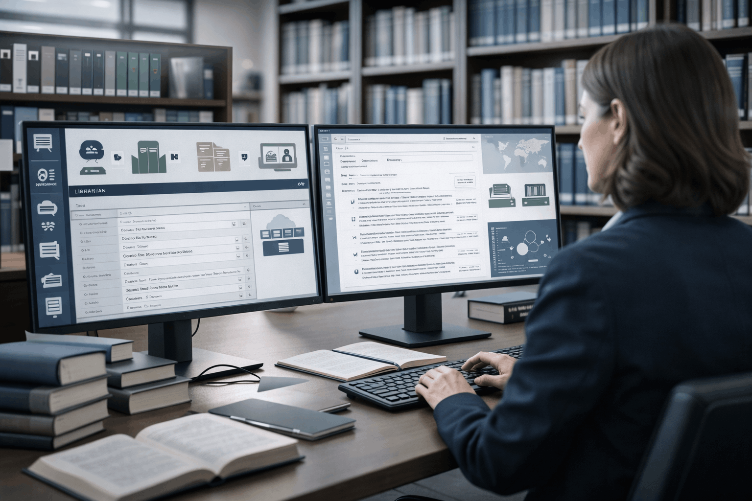 Professional library learning environment showing digital systems and research tools for librarian advanced diploma training