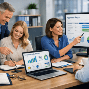 Professional managers in a modern office completing line management training with performance and coaching tools