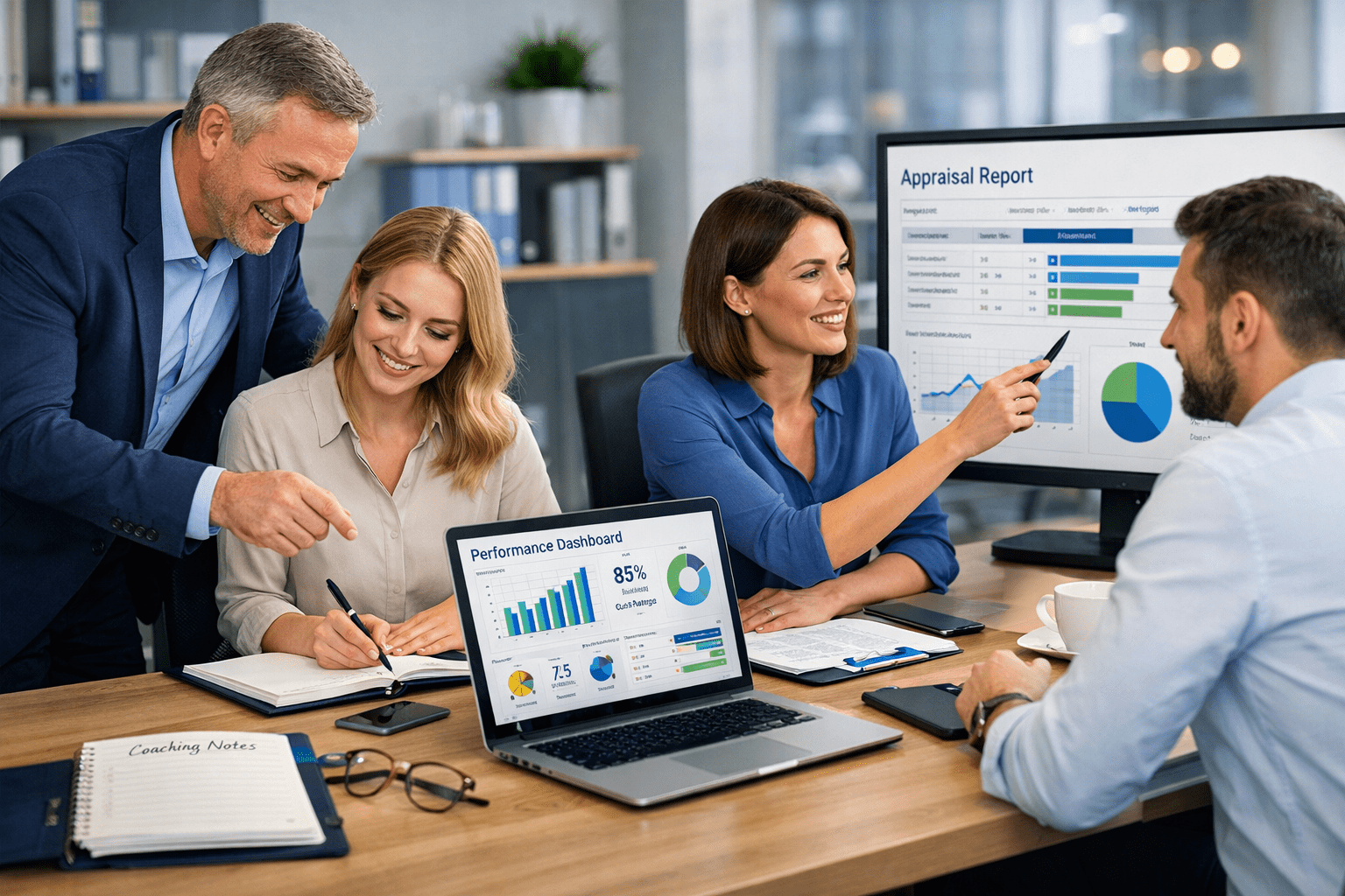 Professional managers in a modern office completing line management training with performance and coaching tools