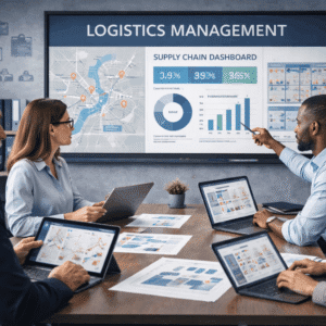 Logistics Management Course image showing supply chain planning, transport coordination, warehousing, and inventory control systems