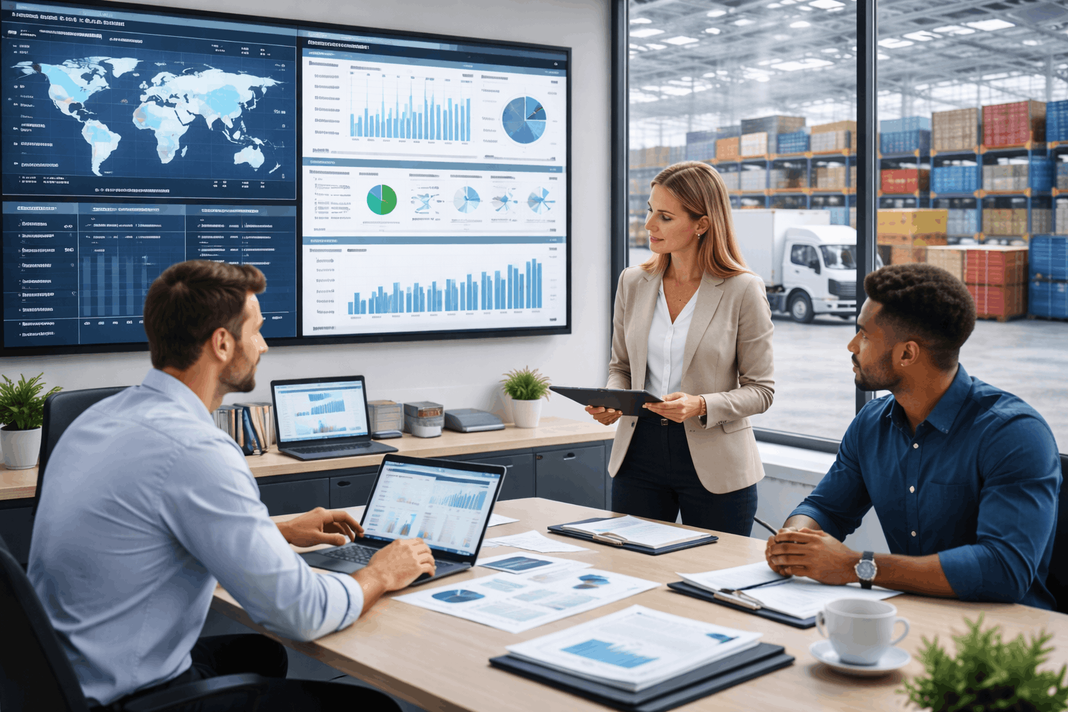 Modern logistics management environment showing planning dashboards, transport coordination, and supply chain analysis for Logistics Management Level 3.
