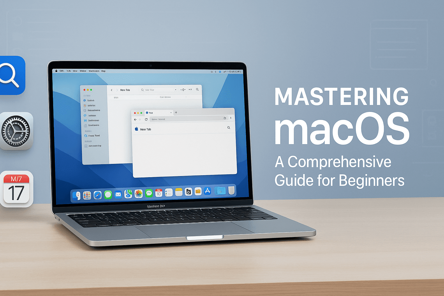 Modern workspace with MacBook, macOS apps, Finder window, and system settings icons representing the macOS Beginners Guide.
