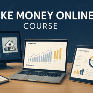 Modern workspace with investment charts, online income dashboards and wealth-building tools for the Make Money Online course.