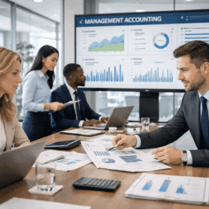 Management accounting course showing financial analysis, cash flow review, and ratio evaluation in a professional business setting