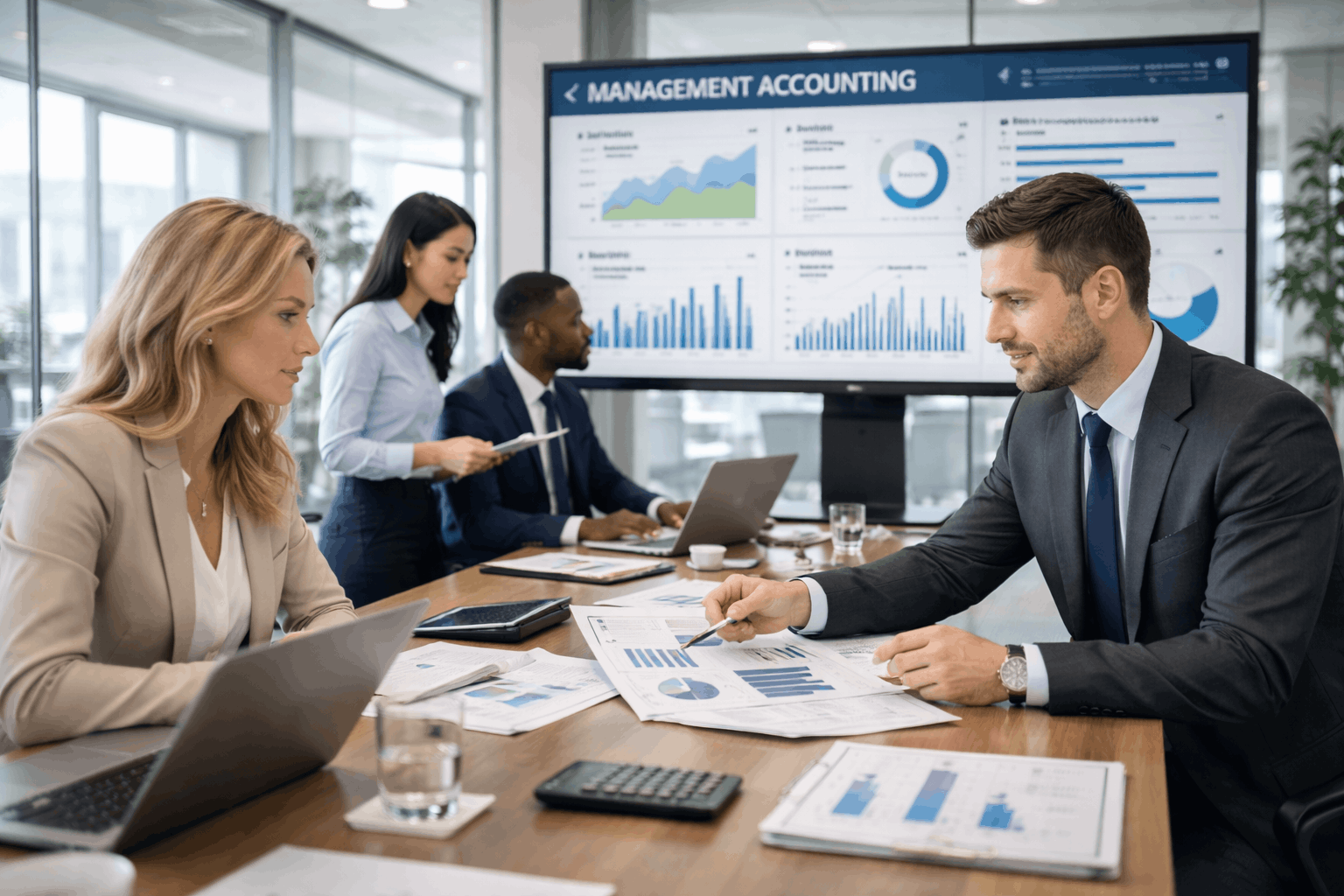 Management accounting course showing financial analysis, cash flow review, and ratio evaluation in a professional business setting