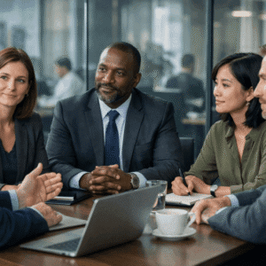 Professional leadership training scene illustrating managing the manager skills in a modern workplace setting