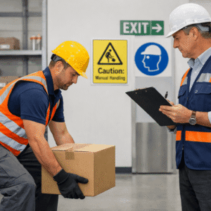 Professional Manual Handling Training showing correct lifting techniques and risk-aware workplace practices in a modern work environment.