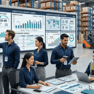 Professionals analysing inventory, purchasing, and logistics systems in a Material Management Course environment