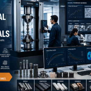 Engineers analysing Mechanical Behavior Materials through testing equipment, stress analysis, and material evaluation