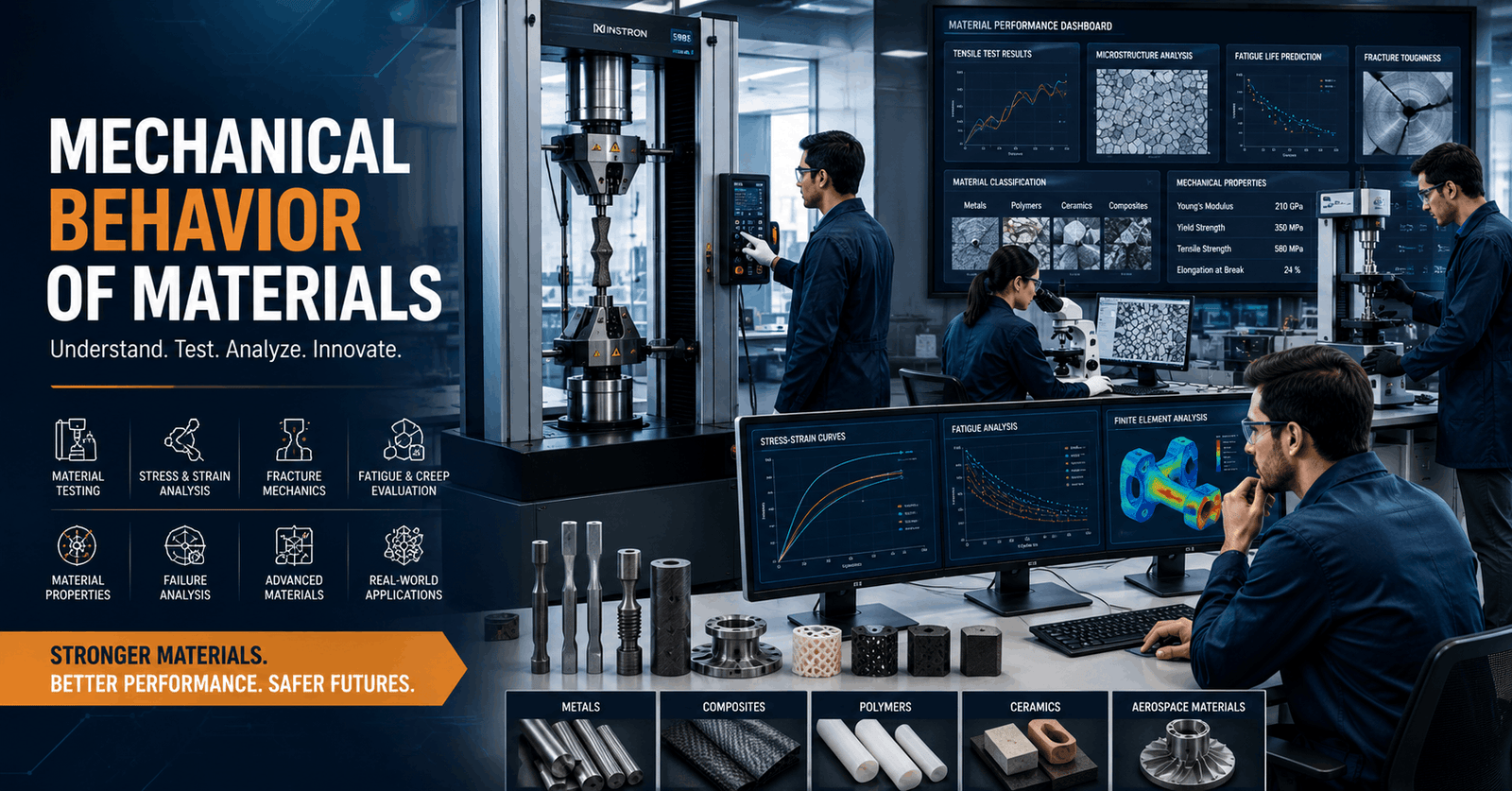 Engineers analysing Mechanical Behavior Materials through testing equipment, stress analysis, and material evaluation