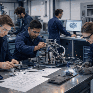 mechanical engineering course students working on machines, blueprints and tools in a modern engineering workshop
