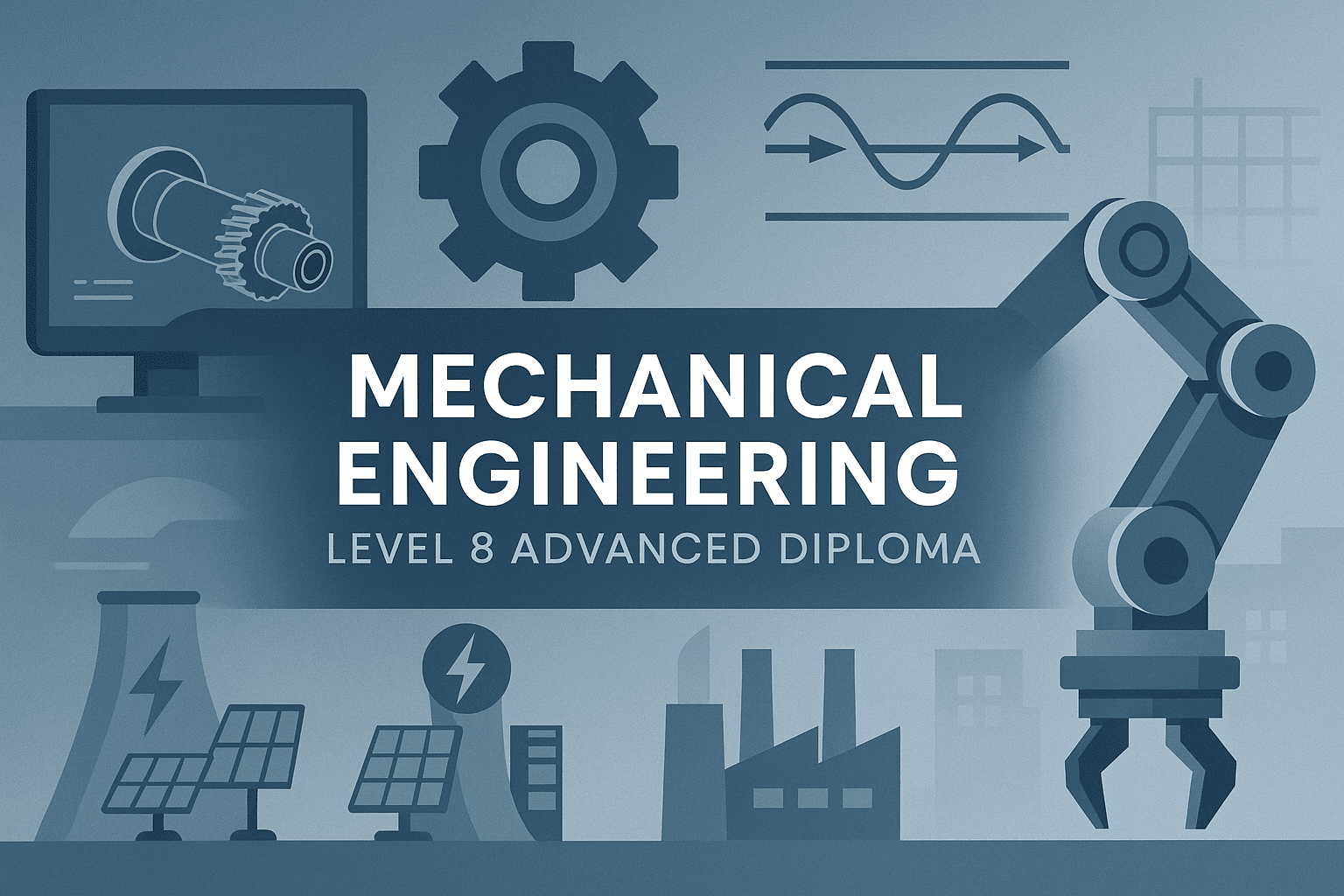 Mechanical Engineering Diploma Level 8 banner showing machines, CAD models, energy systems and robotics in a clean modern layout.