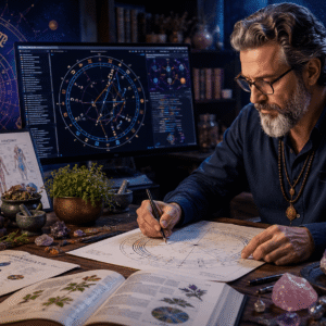 Medical Astrology practitioner analysing a natal chart with health and wellness symbols in a professional setting