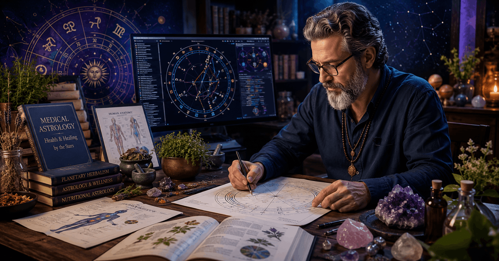 Medical Astrology practitioner analysing a natal chart with health and wellness symbols in a professional setting