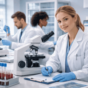 Medical laboratory assistant working with lab equipment, specimens, and safety procedures in a clinical laboratory setting
