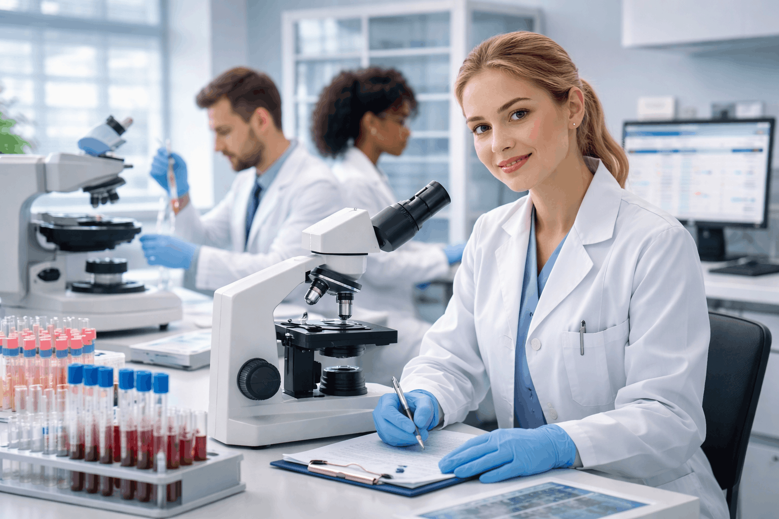 Medical laboratory assistant working with lab equipment, specimens, and safety procedures in a clinical laboratory setting