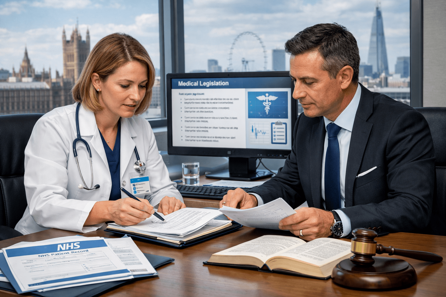 A professional legal and healthcare training scene representing a medical law course in a modern UK medical law environment