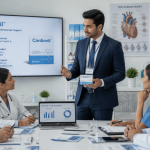 Medical sales representative course showing professional presenting healthcare products to doctors in a clinical setting