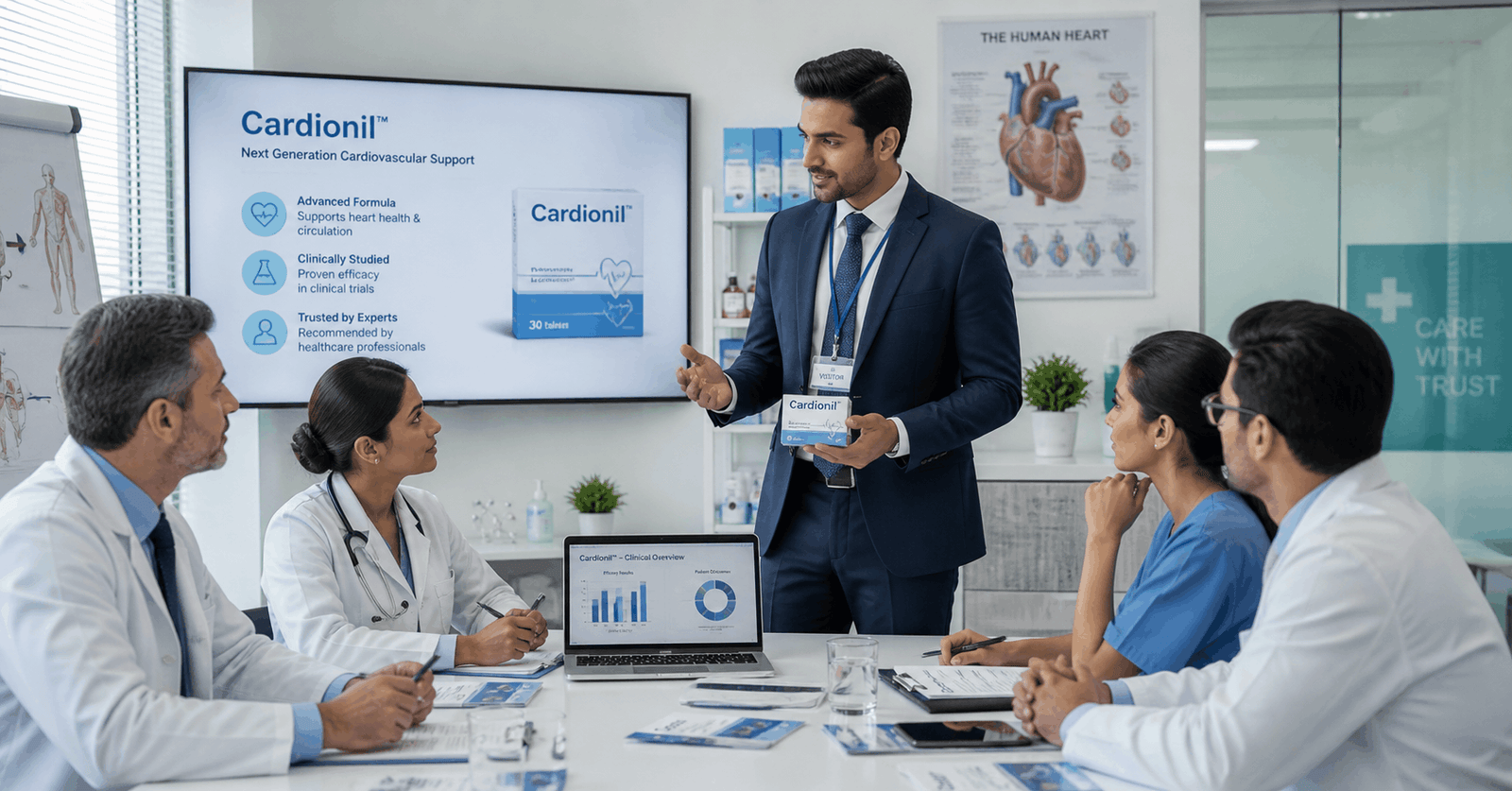 Medical sales representative course showing professional presenting healthcare products to doctors in a clinical setting