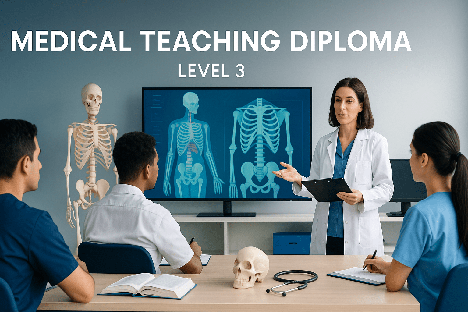 Modern medical teaching scene with educators, clinical tools, and digital learning screens for the Medical Teaching Diploma Level 3.