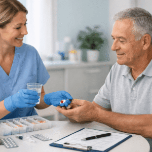 Medication administration training showing a healthcare worker safely preparing and administering medicine to a patient